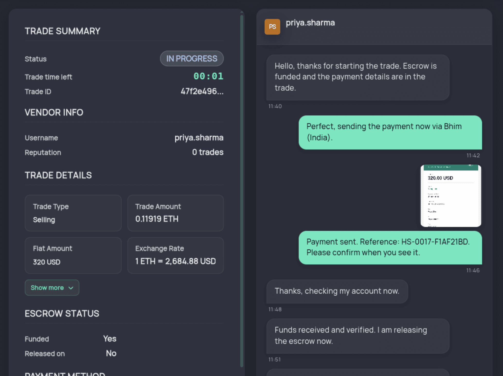 Pending Ethereum trade summary with escrow status and secure chat